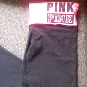 Pink Victoria Secret Yoga Black Stretch Pants With Fold Over Top With Logo